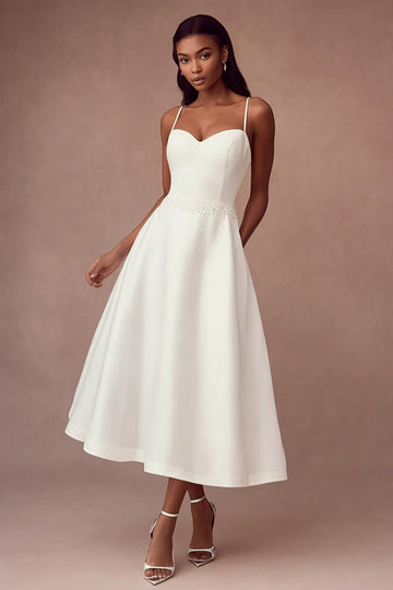 Simple White A Line Satin Spaghetti Straps Wedding Dress